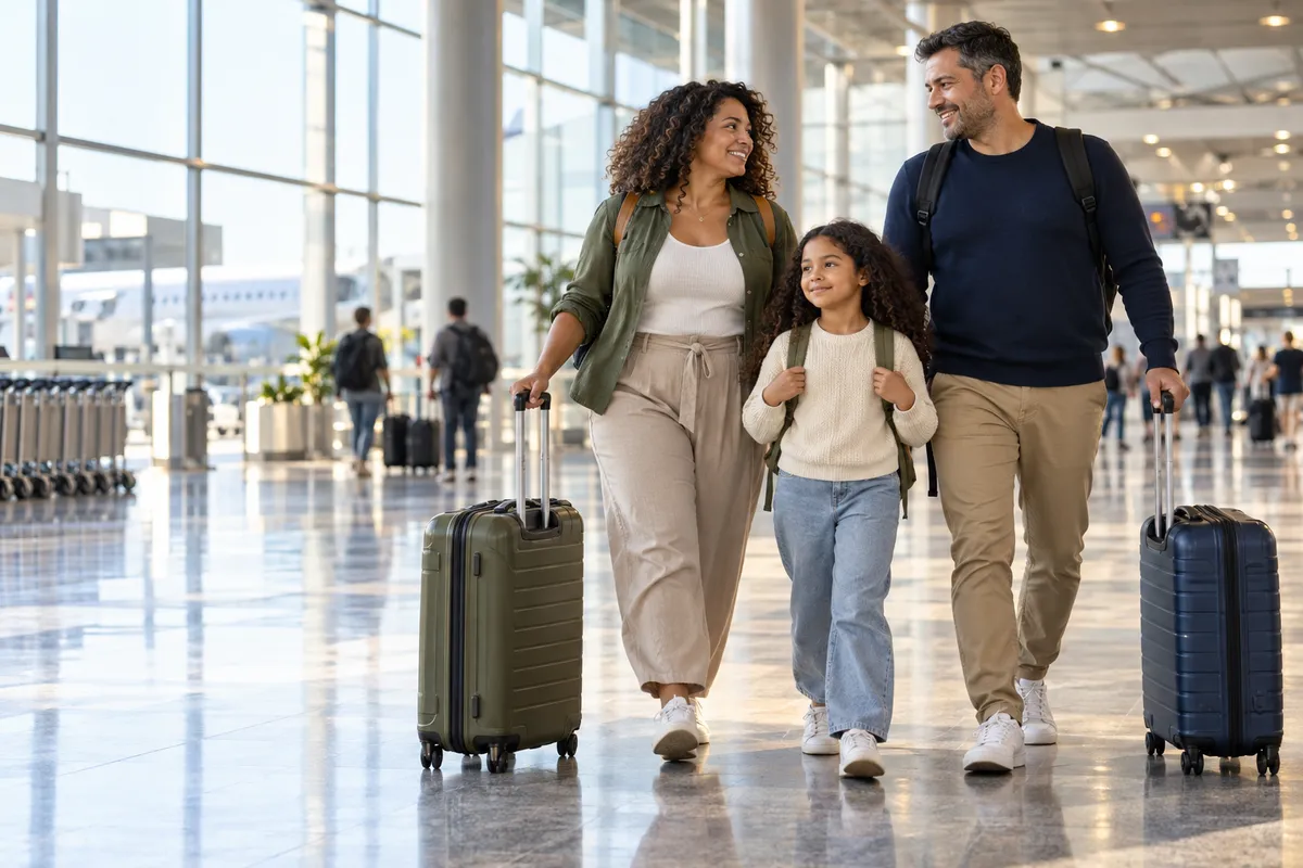 Família com malas caminhando no aeroporto
