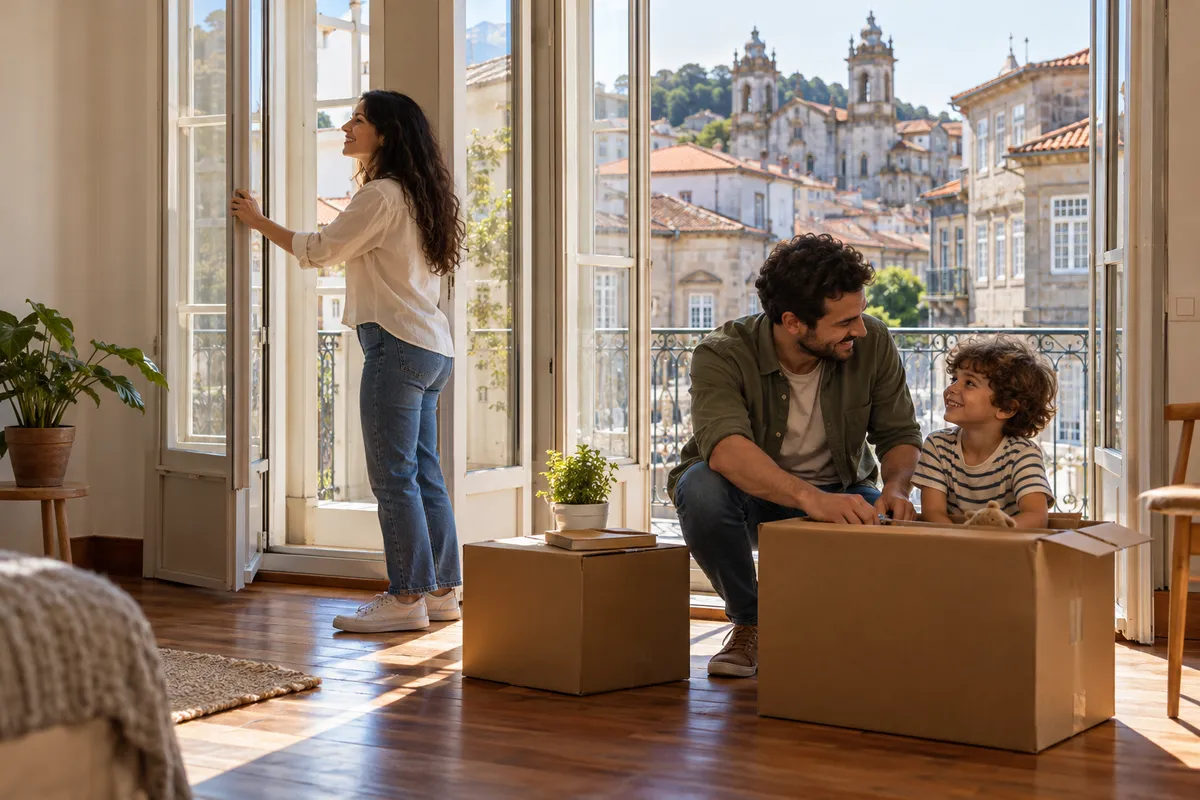 Família abrindo caixas na casa nova, com vista para Braga