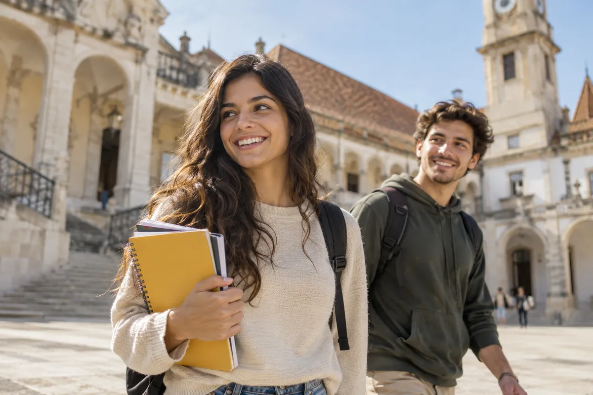 Estudantes sorrindo diante da Universidade de Coimbra